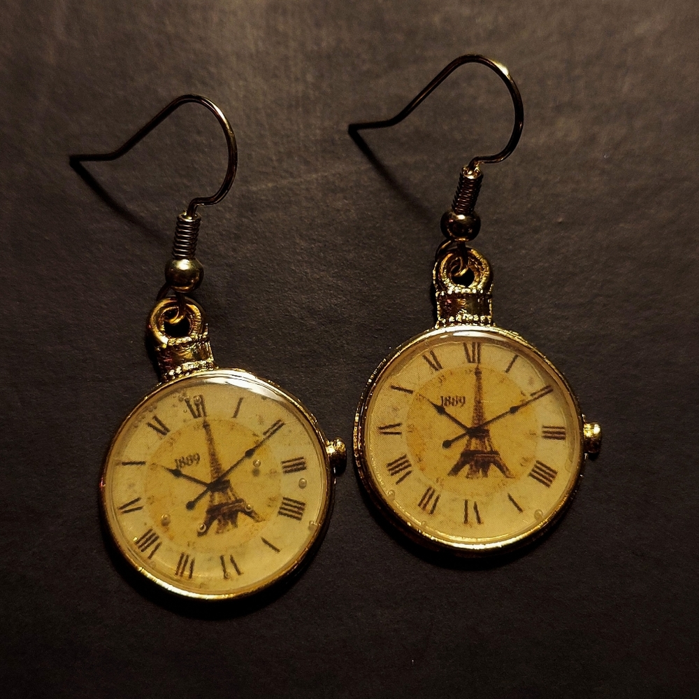 Handmade 1½ in. Gold Eiffel Tower Steampunk Clock Earrings